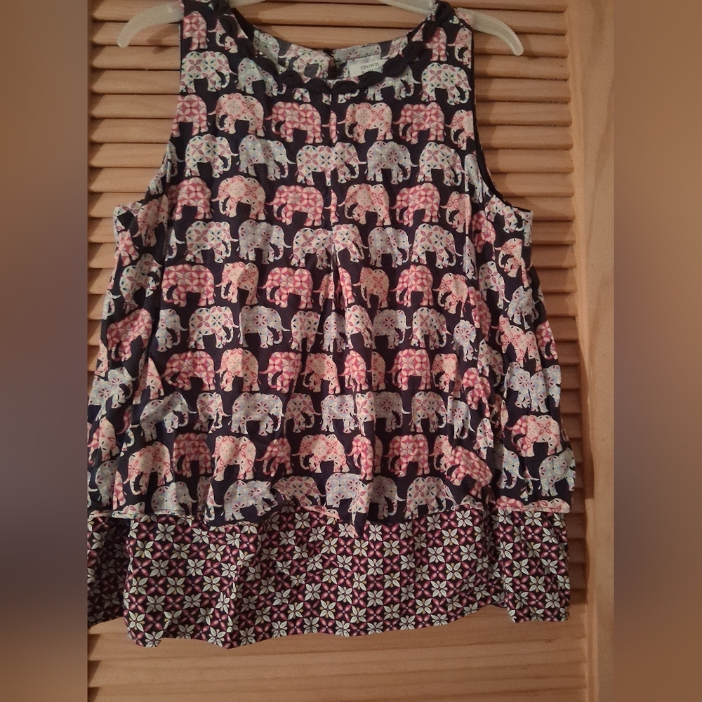 crown & ivy Black Tank Top with Pink and Light Blue Elephant Print